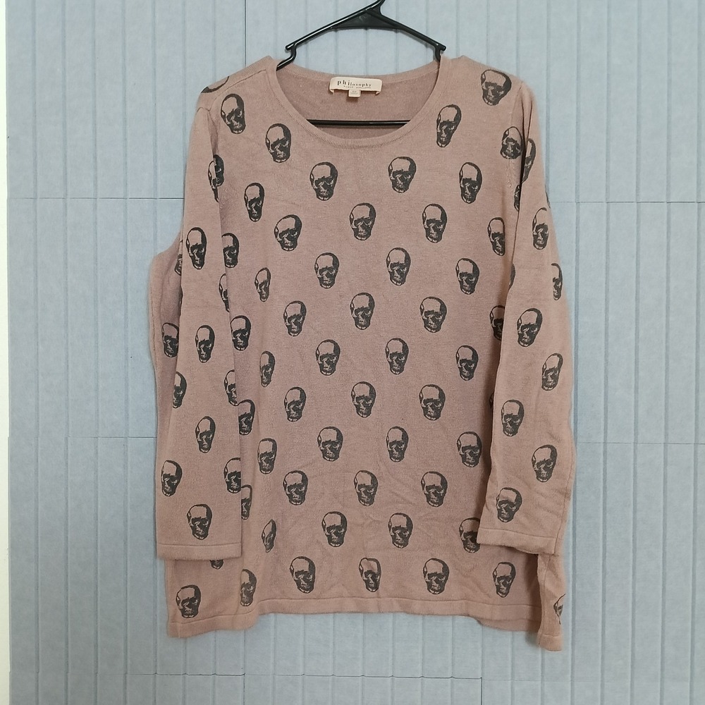 Philosophy Skull Print Sweater Womens 0X Pink Cashmere Blend Pullover Excellent